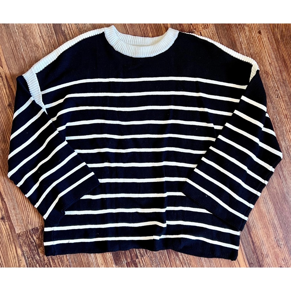 Lillusory Womens XL Oversized Striped Knit Sweater Black White Crewneck Pullover